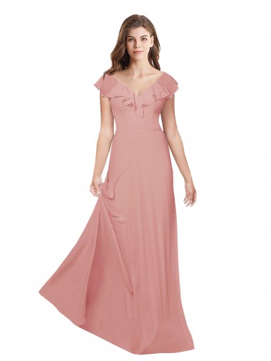 Chiffon Criss Cross Back Long V-Neck Bliss Pink A-Line Bridesmaid Dress / Evening Dress Plymouth