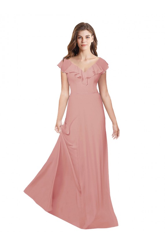 Chiffon Criss Cross Back Long V-Neck Bliss Pink A-Line Bridesmaid Dress / Evening Dress Plymouth