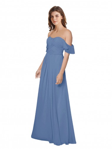 Soft Chiffon Open Back Long Off the Shoulder Windsor Blue A-Line Bridesmaid Dress Plymouth