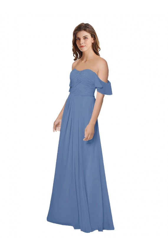 Soft Chiffon Open Back Long Off the Shoulder Windsor Blue A-Line Bridesmaid Dress Plymouth