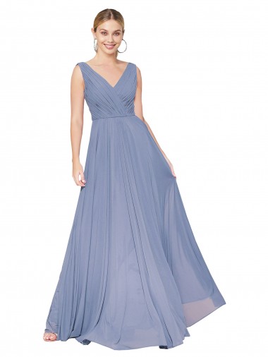 Soft Chiffon V-Back Long V-Neck Dusty Blue A-Line Formal Evening Gown / Prom Dress / Bridesmaid Dress Plymouth