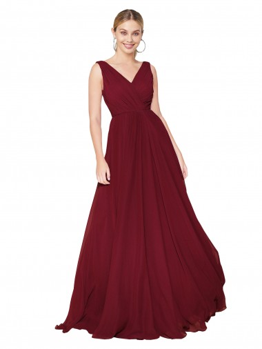 Soft Chiffon V-Back Long V-Neck Burgundy A-Line Formal Dress / Bridesmaid Dress Plymouth