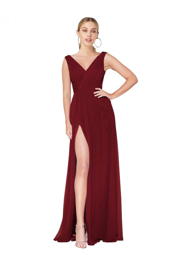 Soft Chiffon V-Back Long V-Neck A-Line Black Tie Evening Gown / Prom Dress / Bridesmaid Dress Plymouth