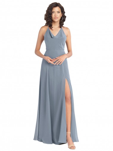 Soft Chiffon V-Back Long Halter Neck Dusty Blue A-Line Bridesmaid Dress Plymouth