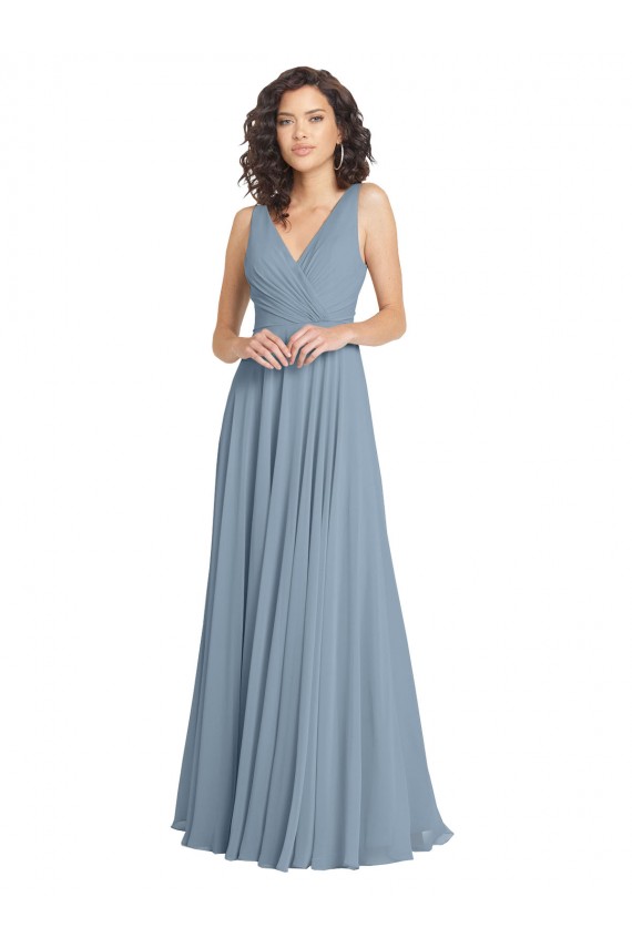 Soft Chiffon V-Back Long V-Neck Dusty Blue A-Line Bridesmaid Dress Plymouth