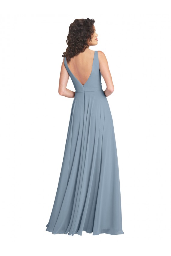 Soft Chiffon V-Back Long V-Neck Dusty Blue A-Line Bridesmaid Dress Plymouth