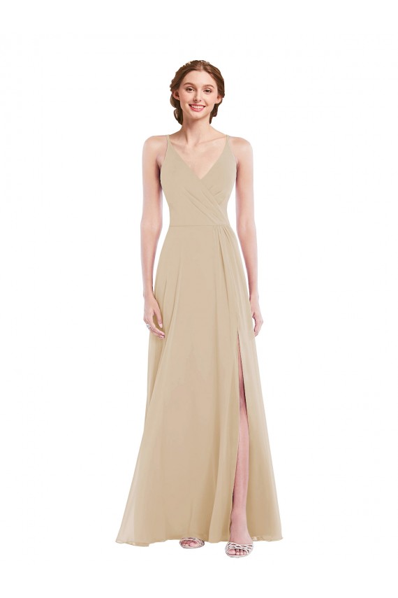 Soft Chiffon Criss Cross Back Long V-Neck A-Line Semi Formal Evening Dress / Bridesmaid Dress Plymouth
