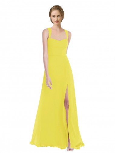 Soft Chiffon Long Spaghetti Straps Yellow A-Line Semi Formal Evening Dress / Bridesmaid Dress Plymouth