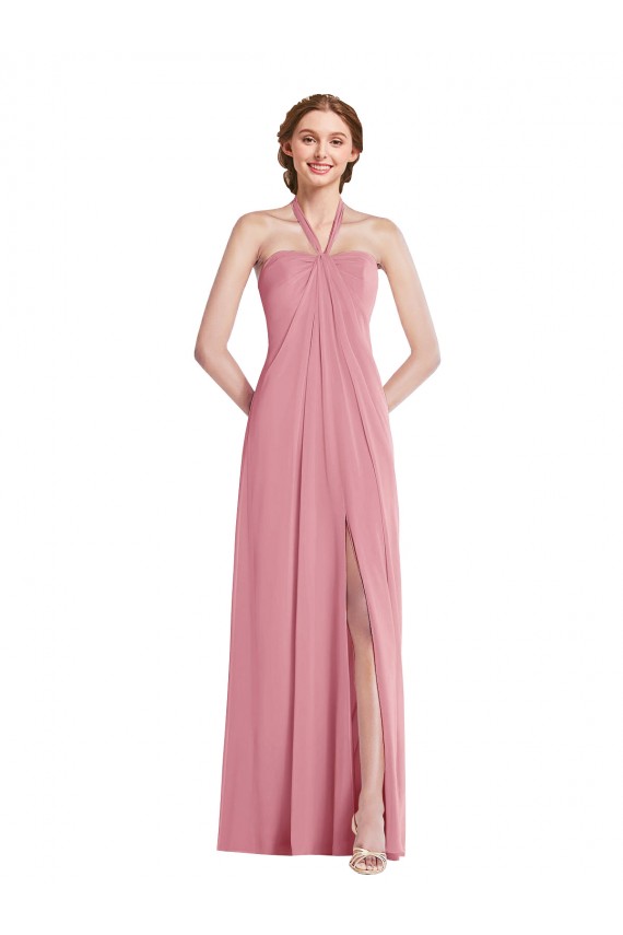 Soft Chiffon Open Back Long Halter Neck Skin Pink A-Line Semi Formal Evening Dress / Bridesmaid Dress Plymouth