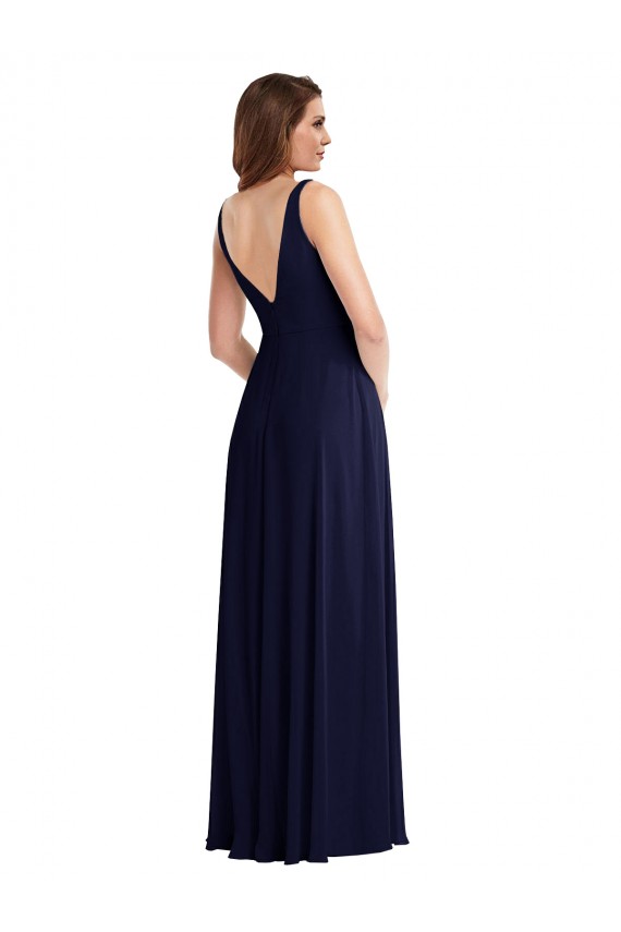 Soft Chiffon V-Back Long V-Neck Dark Navy A-Line Black Tie Evening Gown / Bridesmaid Dress Plymouth