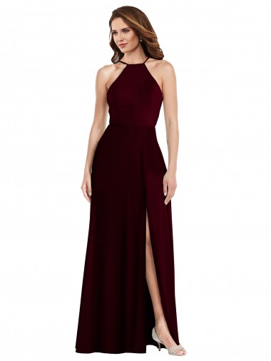 Soft Chiffon Low Back Long Spaghetti Straps Burgundy Gold A-Line Semi Formal Evening Dress / Bridesmaid Dress Plymouth