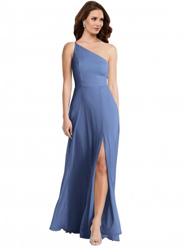 Soft Chiffon Long One Shoulder Windsor Blue A-Line Formal Evening Gown / Bridesmaid Dress Plymouth