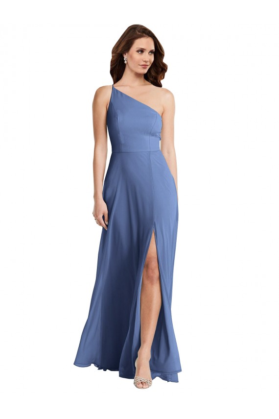 Soft Chiffon Long One Shoulder Windsor Blue A-Line Formal Evening Gown / Bridesmaid Dress Plymouth