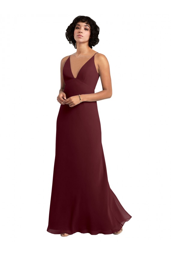 Soft Chiffon V-Back Long V-Neck Burgundy Gold A-Line Bridesmaid Dress / Formal Dress Plymouth