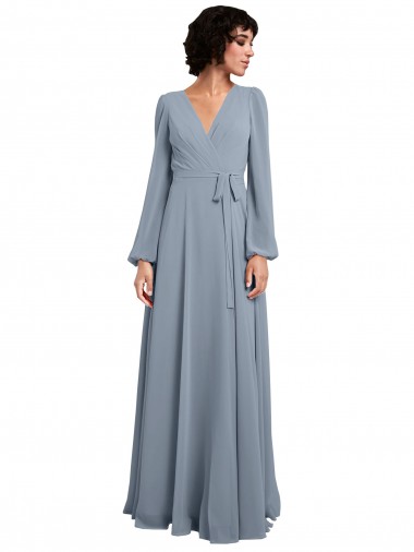 Soft Chiffon Long V-Neck Dusty Blue A-Line Bridesmaid Dress / Formal Dress Plymouth