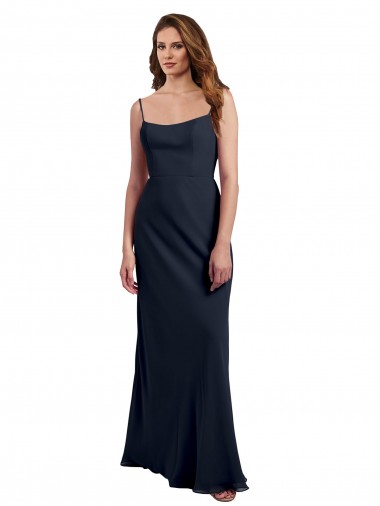 Soft Chiffon Open Back Long Spaghetti Straps Dark Navy A-Line Evening Dress / Bridesmaid Dress Plymouth