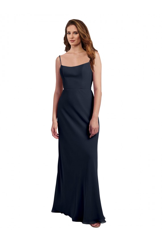 Soft Chiffon Open Back Long Spaghetti Straps Dark Navy A-Line Evening Dress / Bridesmaid Dress Plymouth