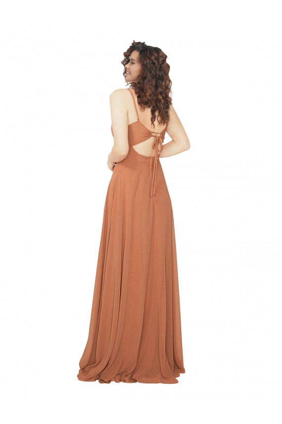 Soft Chiffon Keyhole Back Long V-Neck Rosewood A-Line Bridesmaid Dress Plymouth