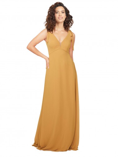 Soft Chiffon Keyhole Back Sleeveless V-Neck Saffron A-Line Bridesmaid Dress Plymouth