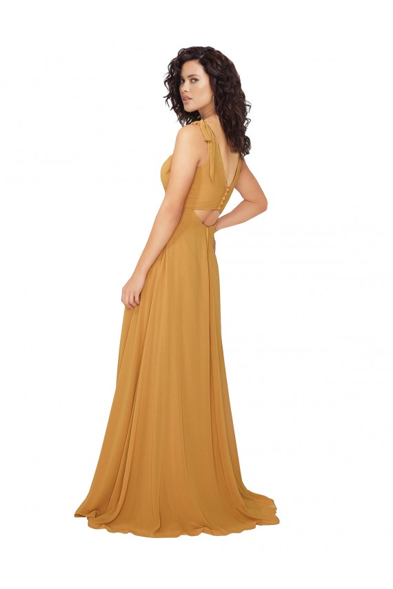 Soft Chiffon Keyhole Back Sleeveless V-Neck Saffron A-Line Bridesmaid Dress Plymouth