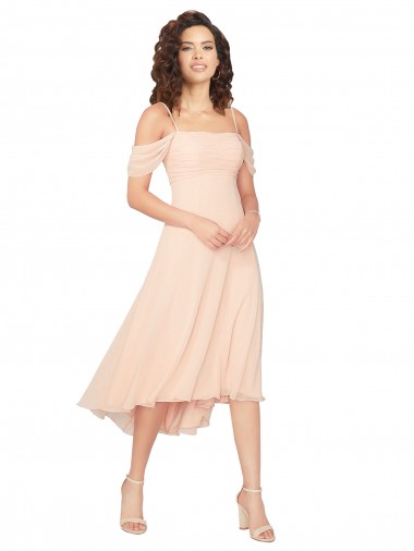 Soft Chiffon Low Back Midi Length Square Neck A-Line High Low Bridesmaid Dress Plymouth