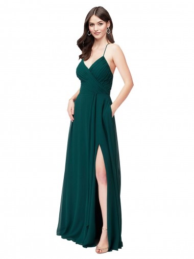 Chiffon Criss Cross Back Long V-Neck A-Line Wedding Party Dress Plymouth