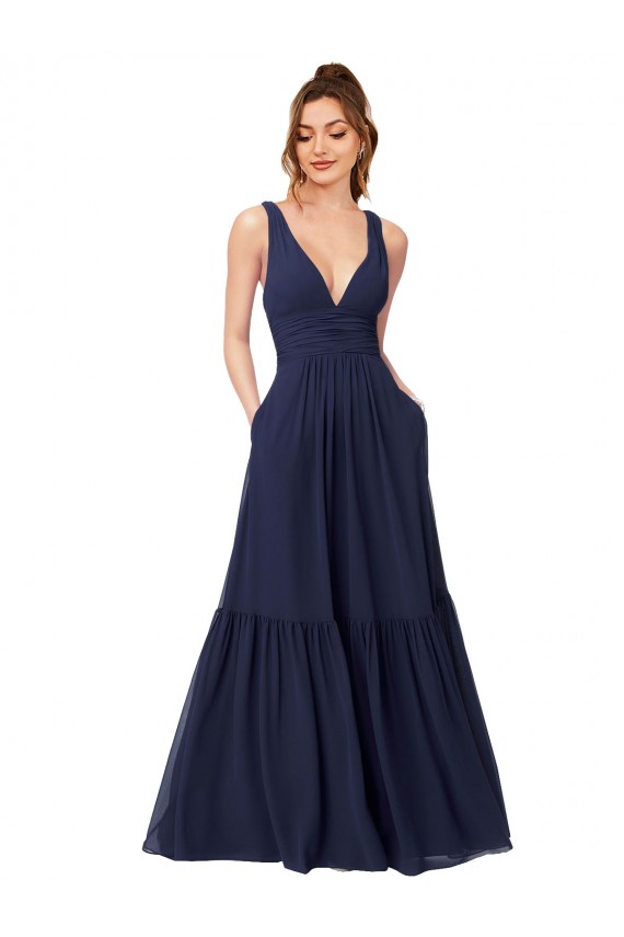 Chiffon V-Back Long Full Length V-Neck A-Line Evening Gowns / Bridesmaid Dress Plymouth