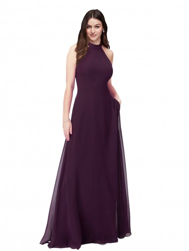 Soft Chiffon Keyhole Back Long Halter Neck Grape A-Line Bridesmaid Dress Plymouth
