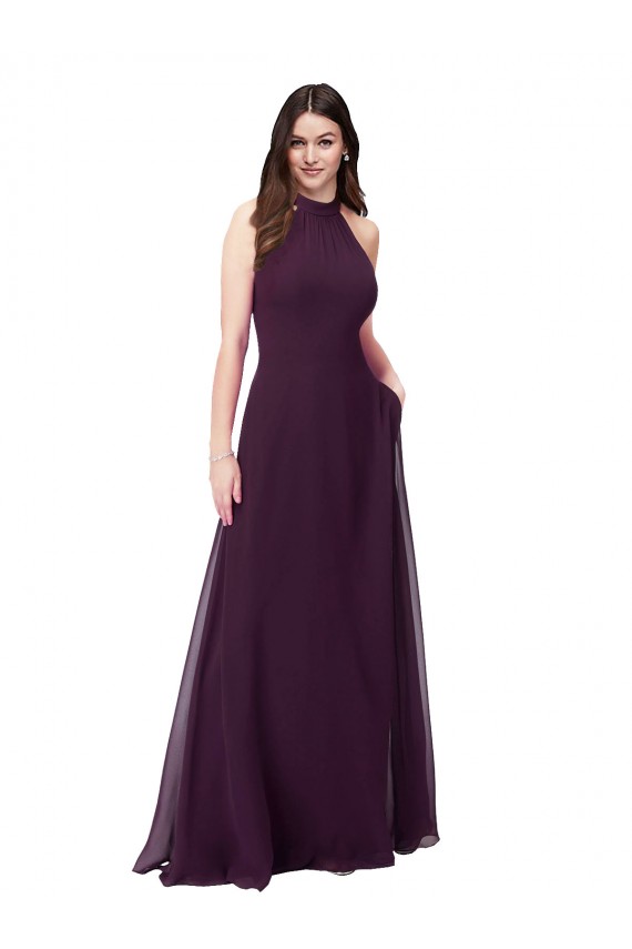 Soft Chiffon Keyhole Back Long Halter Neck Grape A-Line Bridesmaid Dress Plymouth