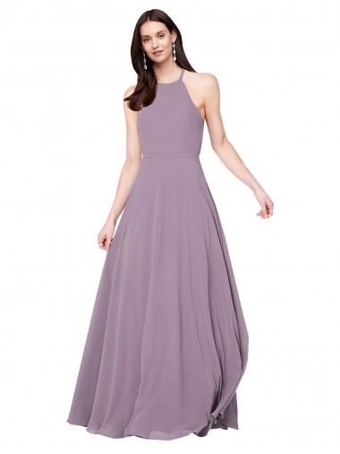 Chiffon Keyhole Back Long Halter Neck Dark Lavender A-Line Bridesmaid Dress / Evening Dress Plymouth