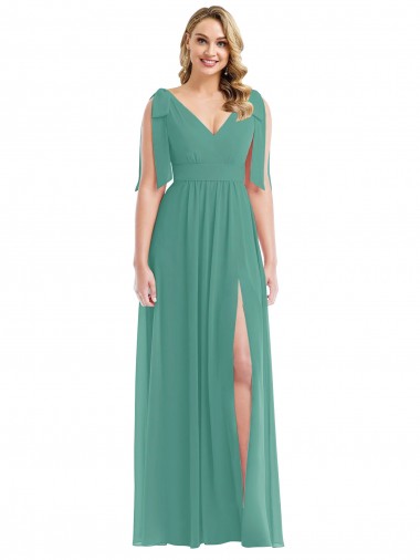 Soft Chiffon V-Back Long V-Neck Icelandic Silver A-Line Semi Formal Evening Dress / Bridesmaid Dress Plymouth