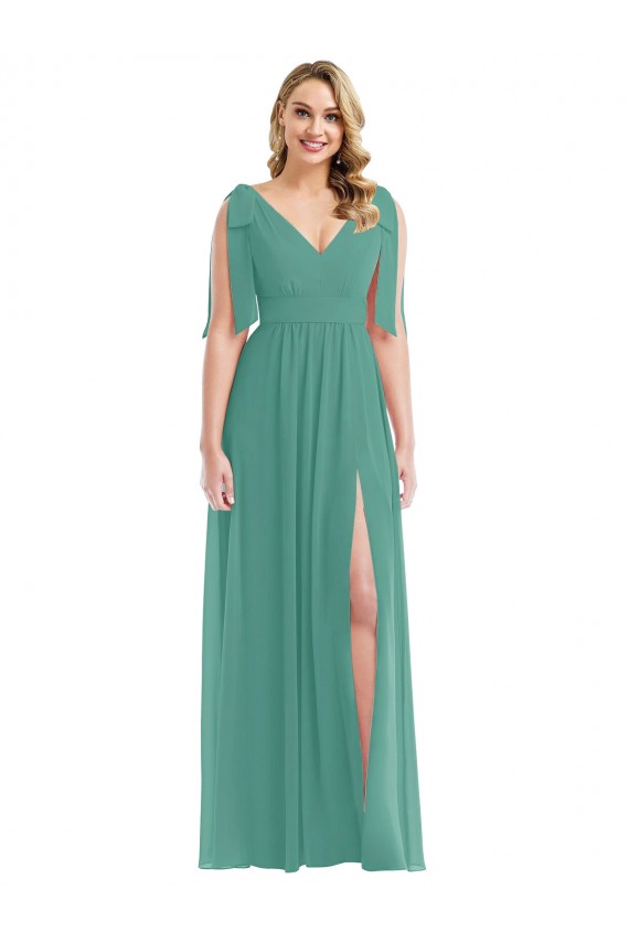 Soft Chiffon V-Back Long V-Neck Icelandic Silver A-Line Semi Formal Evening Dress / Bridesmaid Dress Plymouth