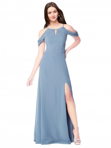 Soft Chiffon Long Off the Shoulder Dusty Blue A-Line Evening Dress / Bridesmaid Dress Plymouth
