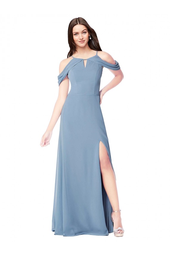 Soft Chiffon Long Off the Shoulder Dusty Blue A-Line Evening Dress / Bridesmaid Dress Plymouth