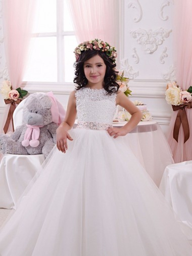 Tulle & Lace V-Back Chapel Train Bateau Neck Ball Gown Flower Girl Dress Plymouth