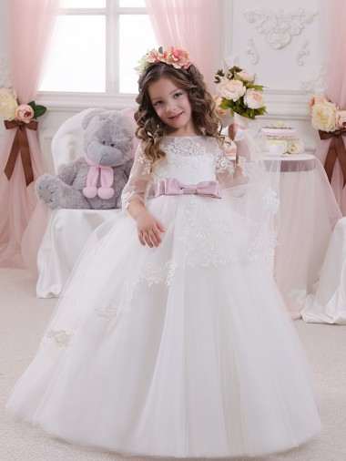 Tulle & Lace Chapel Train Bateau Neck Ball Gowns Flower Girl Dress Plymouth