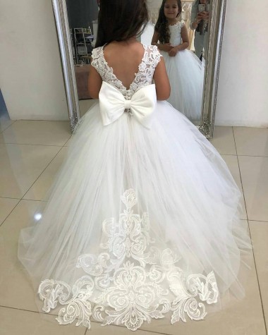 Tulle & Lace Chapel Train Bateau Neckline Ball Gown Flower Girl Dress Plymouth
