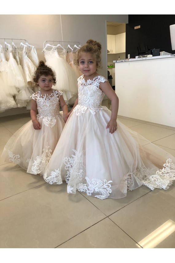 Tulle & Lace V-Back Chapel Train Bateau Neck Ball Gown Little Flower Girl Dress Plymouth