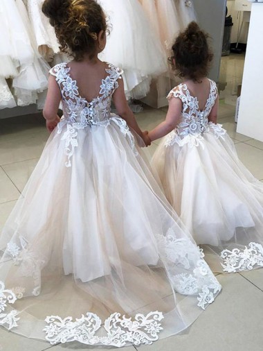 Tulle & Lace V-Back Chapel Train Bateau Neck Ball Gown Little Flower Girl Dress Plymouth