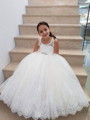 Tulle & Lace Keyhole Back Long High Neck Ball Gown Flower Girl Dress for Wedding Plymouth