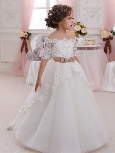 Tulle & Lace Keyhole Back Long High Neck Ball Gown Flower Girl Dresses Plymouth