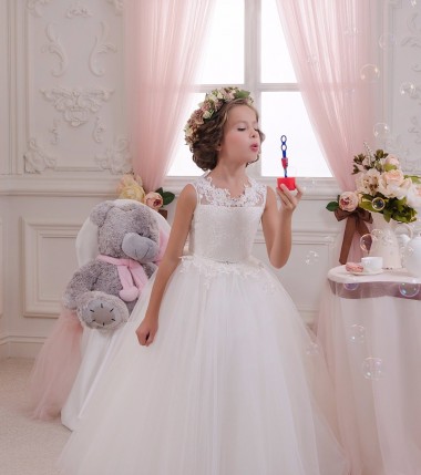 Tulle & Lace Keyhole Back Long High Neck Ball Gown Little Flower Girl Dresses Plymouth