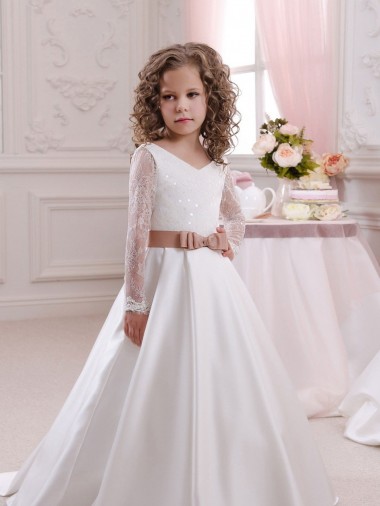 Satin & Lace Chapel Train V-Neck Ball Gown Flower Girl Dress Plymouth