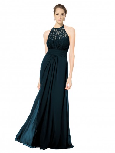 Soft Chiffon & Lace Keyhole Back Long Halter Neck A-Line Formal Dress / Bridesmaid Dress Plymouth