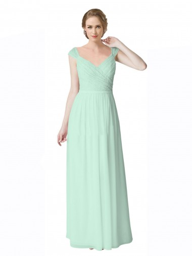 Soft Chiffon & Lace V-Back Long V-Neck Mint Green A-Line Bridesmaid Dress Plymouth