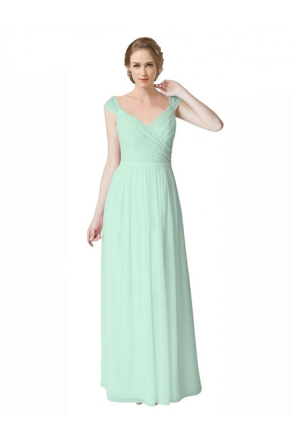 Soft Chiffon & Lace V-Back Long V-Neck Mint Green A-Line Bridesmaid Dress Plymouth
