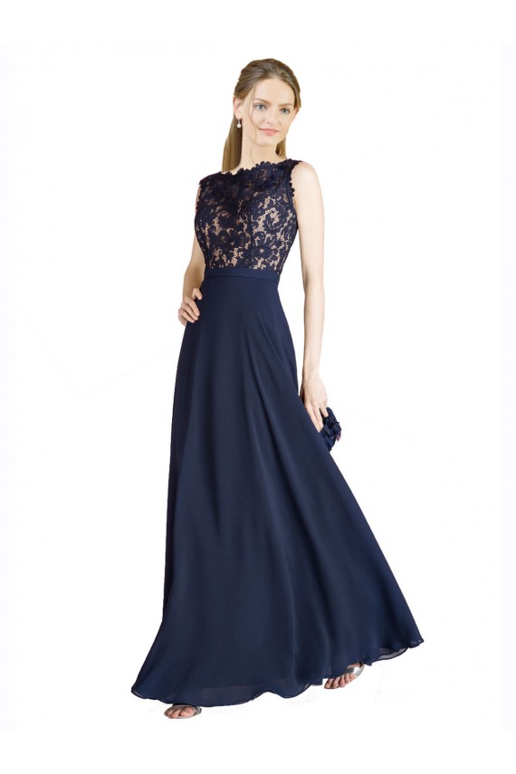 Soft Chiffon & Lace V-Back Long Illusion Neck A-Line Prom Dress / Bridesmaid Dress Plymouth