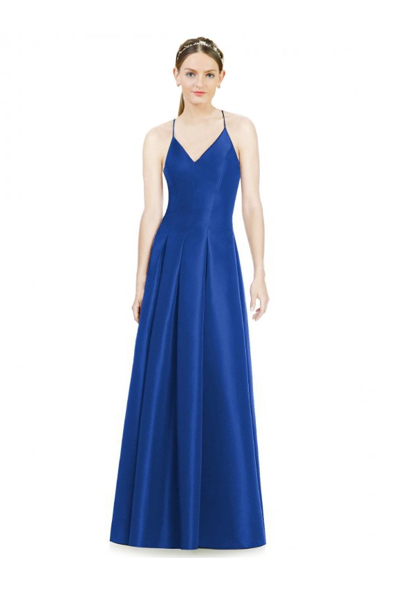 Satin Criss Cross Open Back Long Spaghetti Straps A-Line Bridesmaid Dress Plymouth