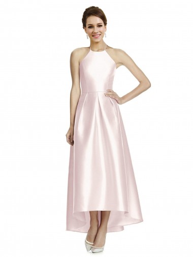 Satin Criss Cross Open Back Long Spaghetti Straps A-Line High Low Bridesmaid Dress Plymouth