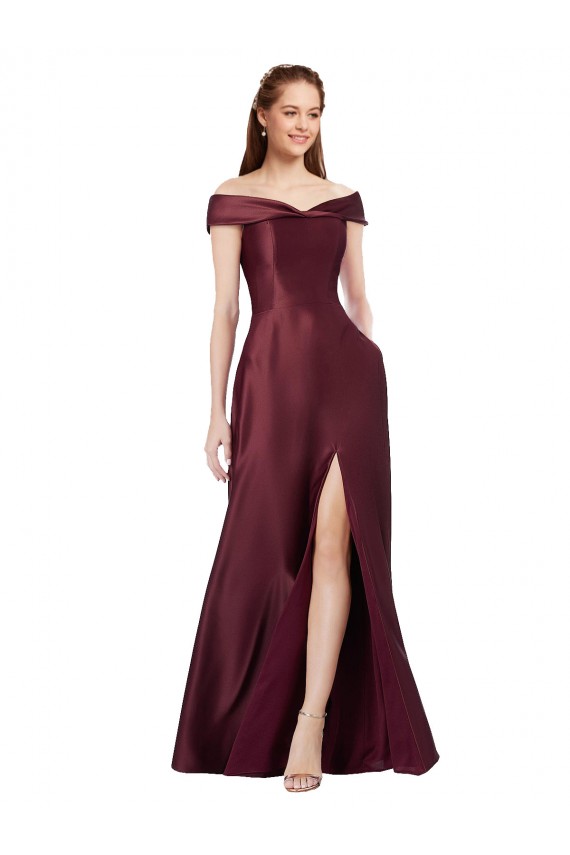 Satin Long Off the Shoulder Burgundy Gold A-Line Black Tie Evening Gown / Prom Dress / Bridesmaid Dress Plymouth